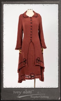 Monceau Duster Coat in Rosy Washed Crinkled Linen; Monceau Frock in Rosy Washed Crinkled Linen; Cilla Slip Frock in Signature Black Lightweight Linen Knit with Square Neckline. By Ivey Abitz.