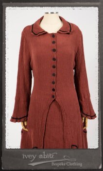 Monceau Duster Coat in Rosy Washed Crinkled Linen; Monceau Frock in Rosy Washed Crinkled Linen; Cilla Slip Frock in Signature Black Lightweight Linen Knit with Square Neckline. By Ivey Abitz.