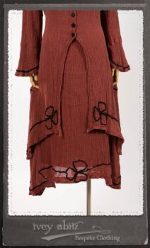 Monceau Duster Coat in Rosy Washed Crinkled Linen; Monceau Frock in Rosy Washed Crinkled Linen; Cilla Slip Frock in Signature Black Lightweight Linen Knit with Square Neckline. By Ivey Abitz.