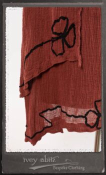 Monceau Duster Coat in Rosy Washed Crinkled Linen; Monceau Frock in Rosy Washed Crinkled Linen; Cilla Slip Frock in Signature Black Lightweight Linen Knit with Square Neckline. By Ivey Abitz.