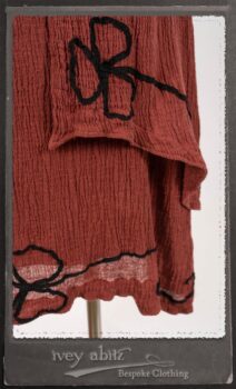 Monceau Duster Coat in Rosy Washed Crinkled Linen; Monceau Frock in Rosy Washed Crinkled Linen; Cilla Slip Frock in Signature Black Lightweight Linen Knit with Square Neckline. By Ivey Abitz.