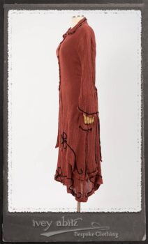 Monceau Duster Coat in Rosy Washed Crinkled Linen; Monceau Frock in Rosy Washed Crinkled Linen; Cilla Slip Frock in Signature Black Lightweight Linen Knit with Square Neckline. By Ivey Abitz.