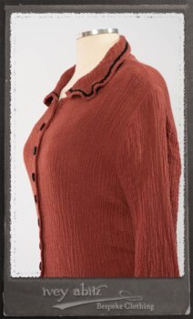 Monceau Duster Coat in Rosy Washed Crinkled Linen; Monceau Frock in Rosy Washed Crinkled Linen; Cilla Slip Frock in Signature Black Lightweight Linen Knit with Square Neckline. By Ivey Abitz.