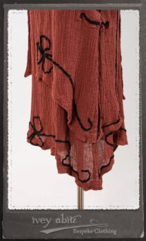 Monceau Duster Coat in Rosy Washed Crinkled Linen; Monceau Frock in Rosy Washed Crinkled Linen; Cilla Slip Frock in Signature Black Lightweight Linen Knit with Square Neckline. By Ivey Abitz.