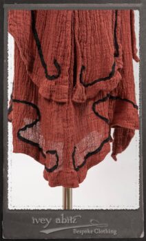 Monceau Duster Coat in Rosy Washed Crinkled Linen; Monceau Frock in Rosy Washed Crinkled Linen; Cilla Slip Frock in Signature Black Lightweight Linen Knit with Square Neckline. By Ivey Abitz.