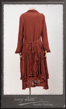 Monceau Duster Coat in Rosy Washed Crinkled Linen; Monceau Frock in Rosy Washed Crinkled Linen; Cilla Slip Frock in Signature Black Lightweight Linen Knit with Square Neckline. By Ivey Abitz.