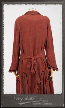 Monceau Duster Coat in Rosy Washed Crinkled Linen; Monceau Frock in Rosy Washed Crinkled Linen; Cilla Slip Frock in Signature Black Lightweight Linen Knit with Square Neckline. By Ivey Abitz.