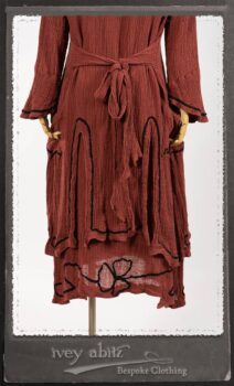 Monceau Duster Coat in Rosy Washed Crinkled Linen; Monceau Frock in Rosy Washed Crinkled Linen; Cilla Slip Frock in Signature Black Lightweight Linen Knit with Square Neckline. By Ivey Abitz.