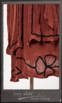 Monceau Duster Coat in Rosy Washed Crinkled Linen; Monceau Frock in Rosy Washed Crinkled Linen; Cilla Slip Frock in Signature Black Lightweight Linen Knit with Square Neckline. By Ivey Abitz.