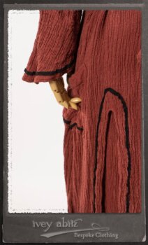 Monceau Duster Coat in Rosy Washed Crinkled Linen; Monceau Frock in Rosy Washed Crinkled Linen; Cilla Slip Frock in Signature Black Lightweight Linen Knit with Square Neckline. By Ivey Abitz.