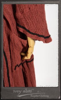 Monceau Duster Coat in Rosy Washed Crinkled Linen; Monceau Frock in Rosy Washed Crinkled Linen; Cilla Slip Frock in Signature Black Lightweight Linen Knit with Square Neckline. By Ivey Abitz.