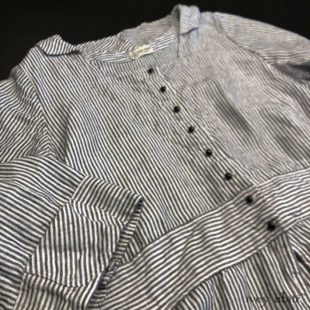 Campanella Shirt Jacket in Black and White Petite Stripe Linen with Antique Wooden Composition Buttons, Circa Early 1900's.