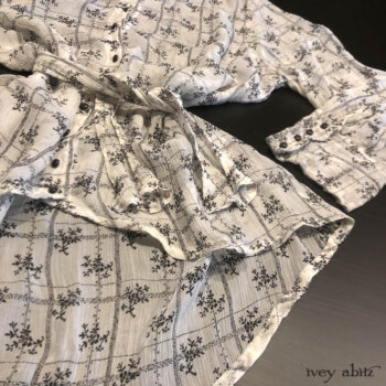 Truitt Shirt in White on Black Floral Silk Chiffon. Adorned with antique buttons, circa early 1900's.