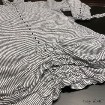 Scattergood Shirt Jacket in Black and White Petite Stripe Linen. Adorned with antique buttons, circa early 1900's.