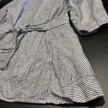 Campanella Shirt Jacket in Black and White Petite Stripe Linen. Back view.