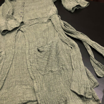 Campanella Duster Coat in New Day Washed Crinkled Linen. Adorned with antique wooden composition buttons, circa early 1900's.