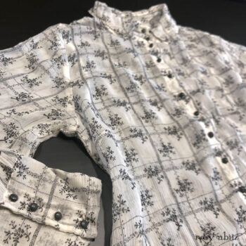 Truitt Shirt in White on Black Floral Silk Chiffon. Adorned with antique buttons, circa early 1900's.