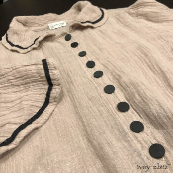 Monceau Duster Coat in Picture Book Washed Crinkled Linen. Adorned with antique silk woven buttons, Parisian, circa early 1900's.