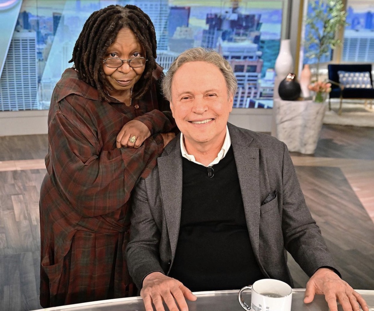Whoopi with Billy Crystal wearing her bespoke Pierrepont Shirt in Brooklyn Washed Plaid Silk. Courtesy ABC.