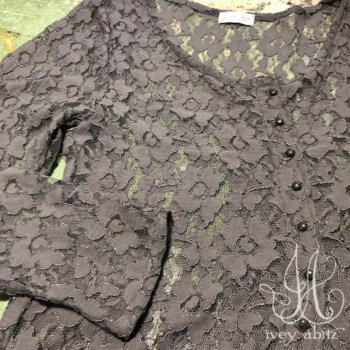 Cavendish Cardigan in Grey Garden Embroidered French Lace, adorned with antique wooden composition buttons, circa early 1900's.