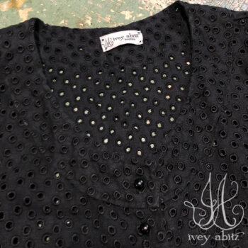 Truitt Frock in Black Embroidered Circle Linen, adorned with antique buttons, circa early 1900's.