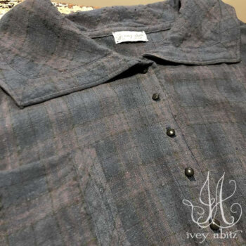 Porte Cochere Duster Coat in Blue Skies Washed Plaid Linen, adorned with antique buttons, circa early 1900's.