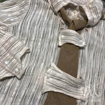 Fairholme Shirt in Gardenia Variegated Stripe Weave, adorned with antique glass buttons, circa early 1900's. Fairholme Necktie in Sun and Sand Washed Stripe.