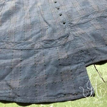 Porte Cochere Frock in Blue Skies Washed Plaid Linen, adorned with antique buttons, circa early 1900's.