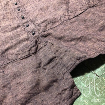 Porte Cochere Frock in Rose Grey Garden Washed Linen, adorned with antique buttons, circa early 1900's.