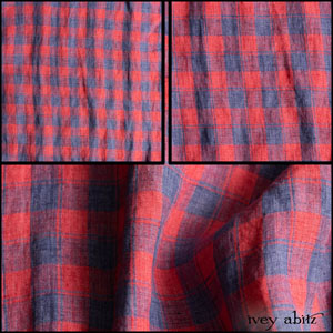 Description: The yarn dyed check weave creates a lovely alternating crisscross between the delightful Sea and Cape Rose hues. It is just a skosh thicker than a true handkerchief linen, perhaps because of its tighter weave. A perfect choice for a summer frock and an even more perfect choice for garments you'd like to wear in layered ensembles year round. Content: 100 percent linen, woven in Italy. All season weave. Care: Simply hand wash or put through machine delicate cycle in cold water with a plant based detergent. We suggest using a natural fabric softener to maintain the softness we have washed into it. Tumble dry on extra-low heat with our artisan wool dryer balls to keep the relaxed effect that is featured in the Look Book. You can easily change the drape and fit by spritzing the weave with water and reshaping the silk chiffon. It is very forgiving and wonderful.