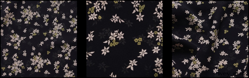 Chimney and Lawn Floral Silk Chiffon - Description: A Chimney (Black) background juxtaposes nicely with the muted Cream and Lawn (a pleasant light green) floral motif. It's a lovely option for those of you that love wearing dark hues year round but are looking for an added lightness that doesn't overpower an ensemble. This weave is ideal for our layering frocks like the Nook, Chittister, Wrennie, and Wildefield. Lovely in an accent sash. Stunning in a shirt with a Cilla Camisole in Chimney Lightweight Linen Knit under it. The options are plentiful, just in this one delightful weave for Spring 2018.