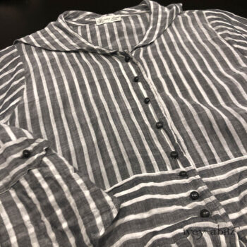 Baudelaire Duster Coat in a stripe voile, adorned with antique buttons from the early 1900's.
