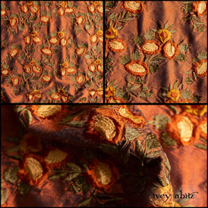 Description: Can a fabric sing? We think so, and this weave gives us the best of all songs: a gregorian chant sung in Saint Paul's Cathedral, The Beatles on Ed Sullivan, and Duke Ellington performing live at the Cotton Club -- all rolled into one. The embroidered floral motif sings and does a jig across the yarn dyed silk background. Its low and high notes create a complicated rhythm, yet it is still easy to understand and adore. We trust that you will adore it, and it will become one of your all-time favourite go-to pieces. It will be the one that you hug with love and gratitude before you slip over your head to wear for the day. Content: 100 percent silk, woven in France. All season weave. Care: Simply hand wash or put through machine delicate cycle in cold water with a plant based detergent. We suggest using a natural fabric softener to maintain the softness we have washed into it. Tumble dry on extra-low heat with our artisan wool dryer balls to keep the relaxed effect that is featured in the Look Book.