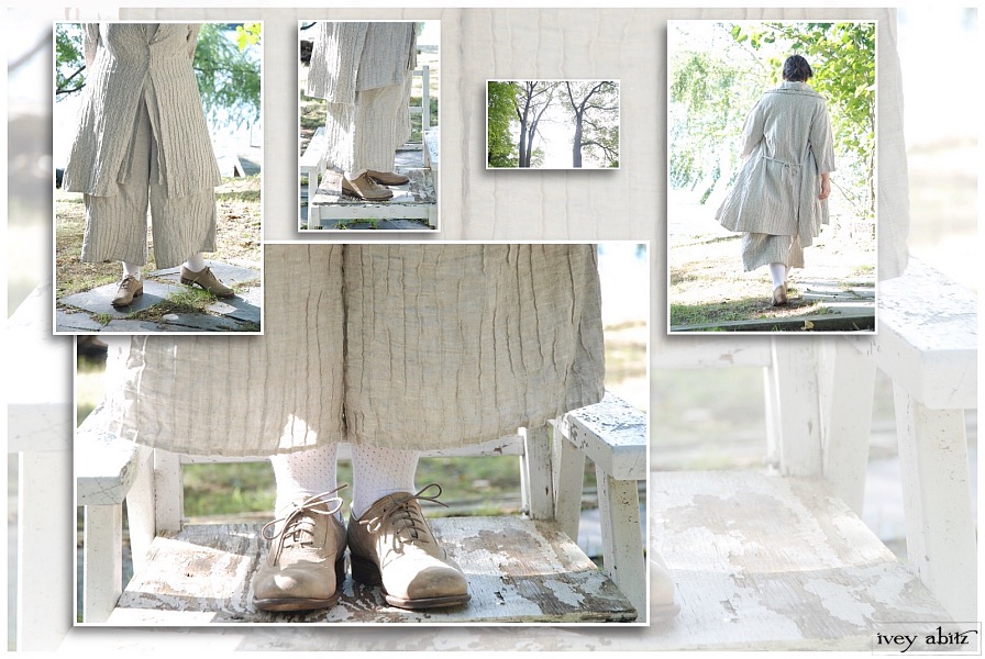 Lydia Trousers in our Signature Natural Linen, shown with the Cordelia Dress and Vest.