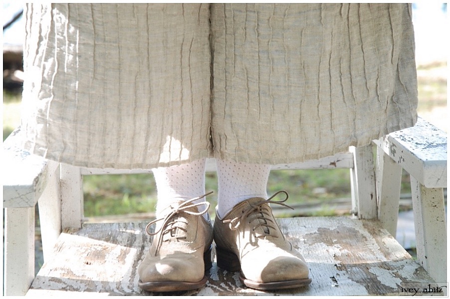 Lydia Trousers in our Signature Natural Linen, shown with the Cordelia Dress and Vest.