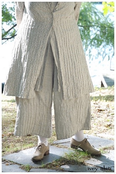 Lydia Trousers in our Signature Natural Linen, shown with the Cordelia Dress and Vest.