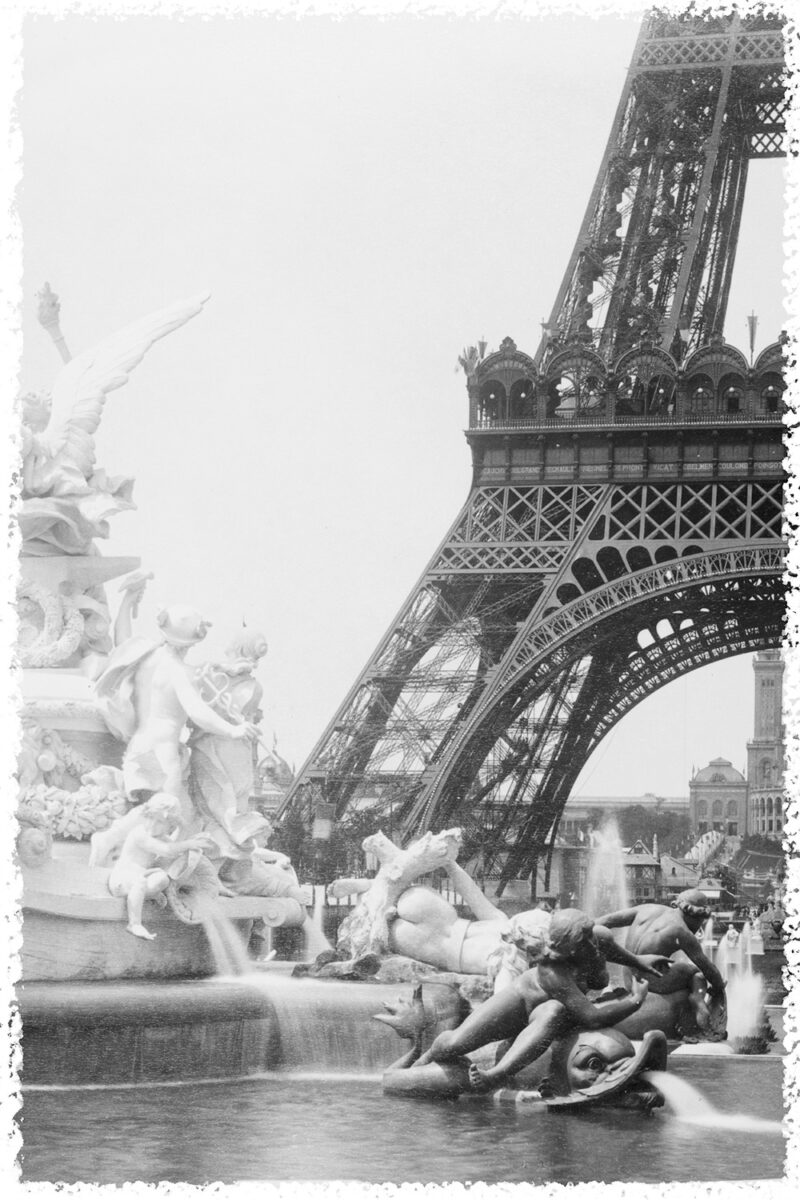 Fountain Coutan and Eiffel Tower, 1889 Fountain Coutan and base of Eiffel Tower with Trocadéro Palace in background, Paris Exposition, 1889