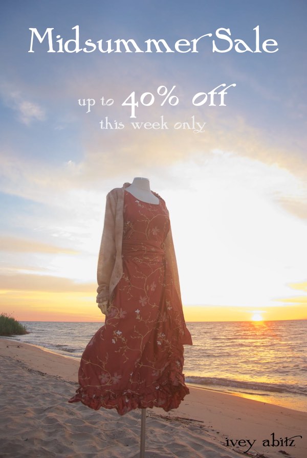 Canterbury Cardigan in Rising Sun Ethereal Knit; Canterbury Frock in Rising Sun Embroidered Washed Silk, High Water Length; Blanchefleur Sash in Rising Sun Embroidered Washed Silk.    - Ivey Abitz