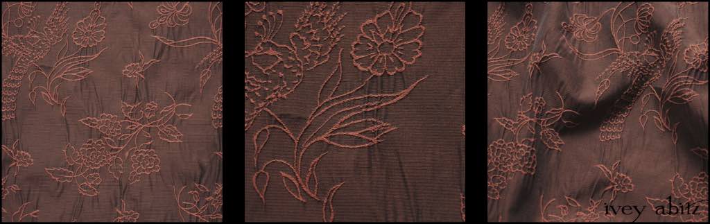 Description: The harvest is in! The stunning embroidered design pulls in the fabric a bit to create a puckered effect amidst the raised thread design. This weave has been set aside for our sashes and neckties. Add a lovely accent of colour amidst your deeper hued garments by choosing this stunning embroidered weave. Content: Viscose. Three season weave.Care: Simply hand wash or put through machine delicate cycle in cold water with a plant based detergent. We suggest using an natural fabric softener to maintain the softness we have washed into it. Tumble dry on extra-low heat with our artisan wool dryer balls to keep the relaxed effect that is featured in the Look Book. An Ivey Abitz fabric.