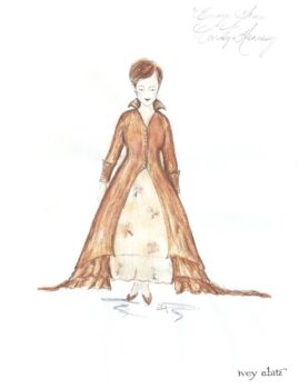 Red Carpet Dress concept painting for host Carolyn Hennesy at the Daytime Creative Arts Emmy Awards, April 27, 2018, by Ivey Abitz. Studio archive image, front view.