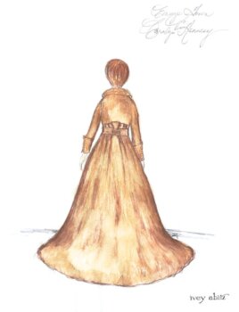 Red Carpet Dress concept painting for host Carolyn Hennesy at the Daytime Creative Arts Emmy Awards, April 27, 2018, by Ivey Abitz. Studio archive image, back view.