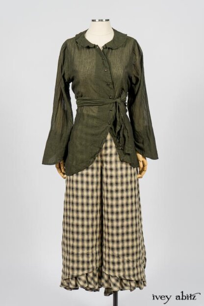 Blanchefleur Trousers in Black and Natural Plaid Weave; Limited Edition Arthur Hill Shirt in Arthurian Green Cotton Voile. By Ivey Abitz
