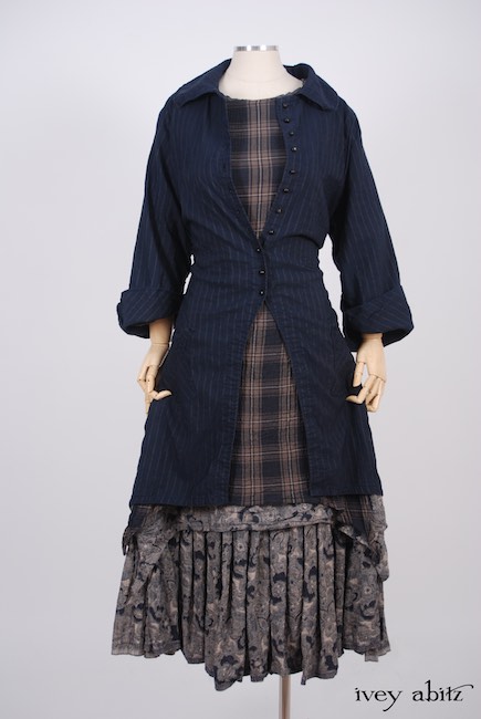 Elsie Duster Coat in Lakeland Striped Weave; Dennison Dress in Lakeland Plaid Cotton Voile; Limited Edition Blanchefleur Frock in Lakeland Floral Weave
