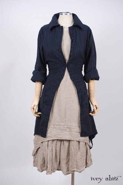 Elsie Duster Coat in Lakeland Striped Weave; Blanchefleur Frock in Natural Old World Linen