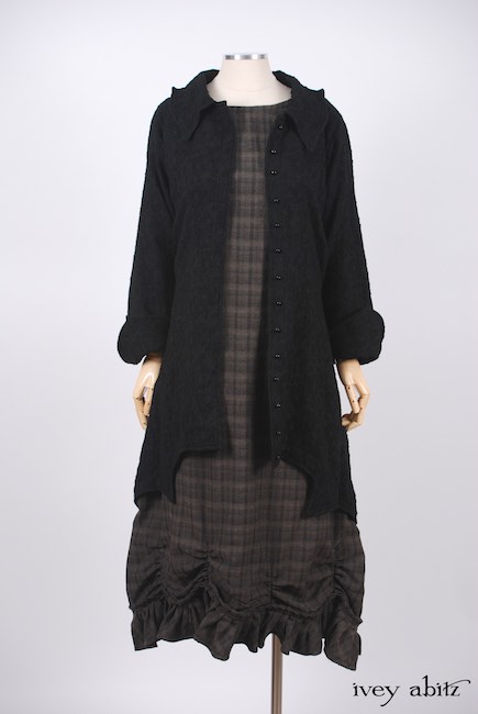 Chittister Shirt Jacket in Inkwell Jacquard Weave; Edenshire Frock in Brindle Plaid Weave