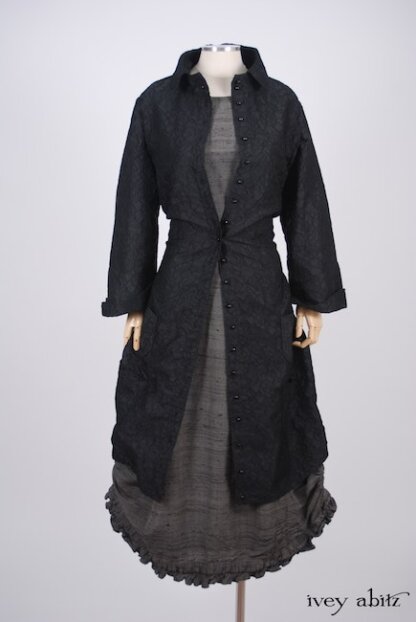 Phinneus Coat Dress in Inkwell Floral Brocade; Canterbury Frock in Wolfie Grey Washed Silk