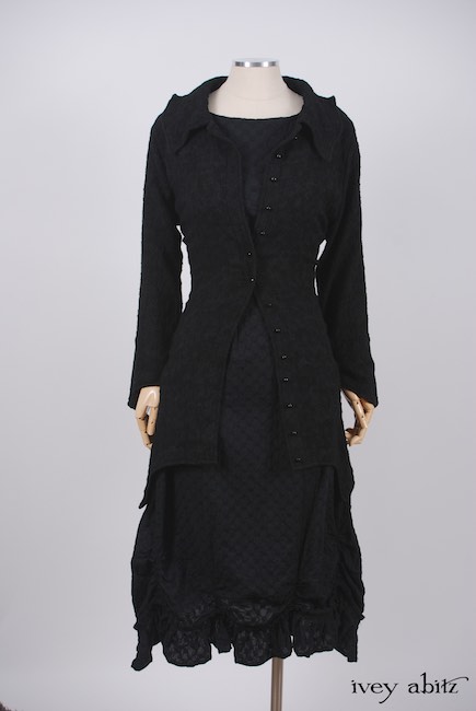 Chittister Shirt Jacket in Inkwell Jacquard Weave; Edenshire Frock in Soot Embroidered Voile
