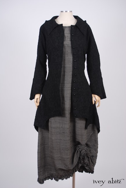 Chittister Shirt Jacket in Inkwell Jacquard Weave; Canterbury Frock in Wolfie Grey Washed Silk