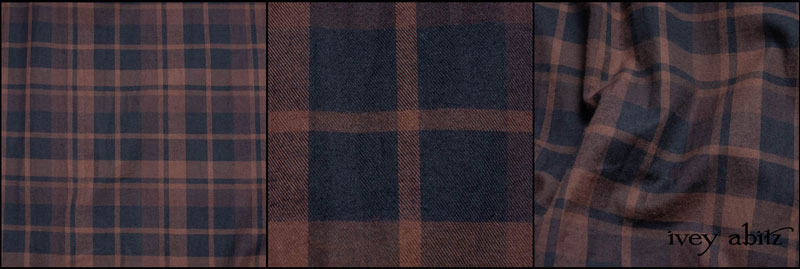 Purpose: Appropriate for most of our frocks, dusters, trousers, skirts, and sashes in the collection. Description: Cotton twill is normally set aside for thicker fabrics. It's a pleasure to offer a favourite weaving method in an unusual lightweight fabric. We introduce our new soft plaid twill, created by a mix of our Iced Tea, Fresh Water, and Black Dahlia threads. It is soft and cozy, but it is still lightweight and appropriate for warm weather. Content: 100 percent washed cotton.Care: Simply hand wash or put through machine delicate cycle in cold water with a plant based detergent. We suggest using a natural fabric softener to maintain the softness we have washed into it. Tumble dry on extra-low heat with our artisan wool dryer balls to keep the relaxed effect that is featured in the Look Book.