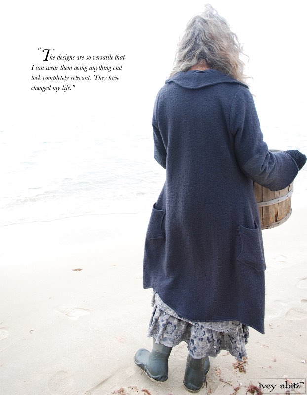 Cindy is wearing her Chittister Duster Coat over her Blanchefleur Frock by Ivey Abitz whilst gathering seaweed for her Saturday Farm garden.